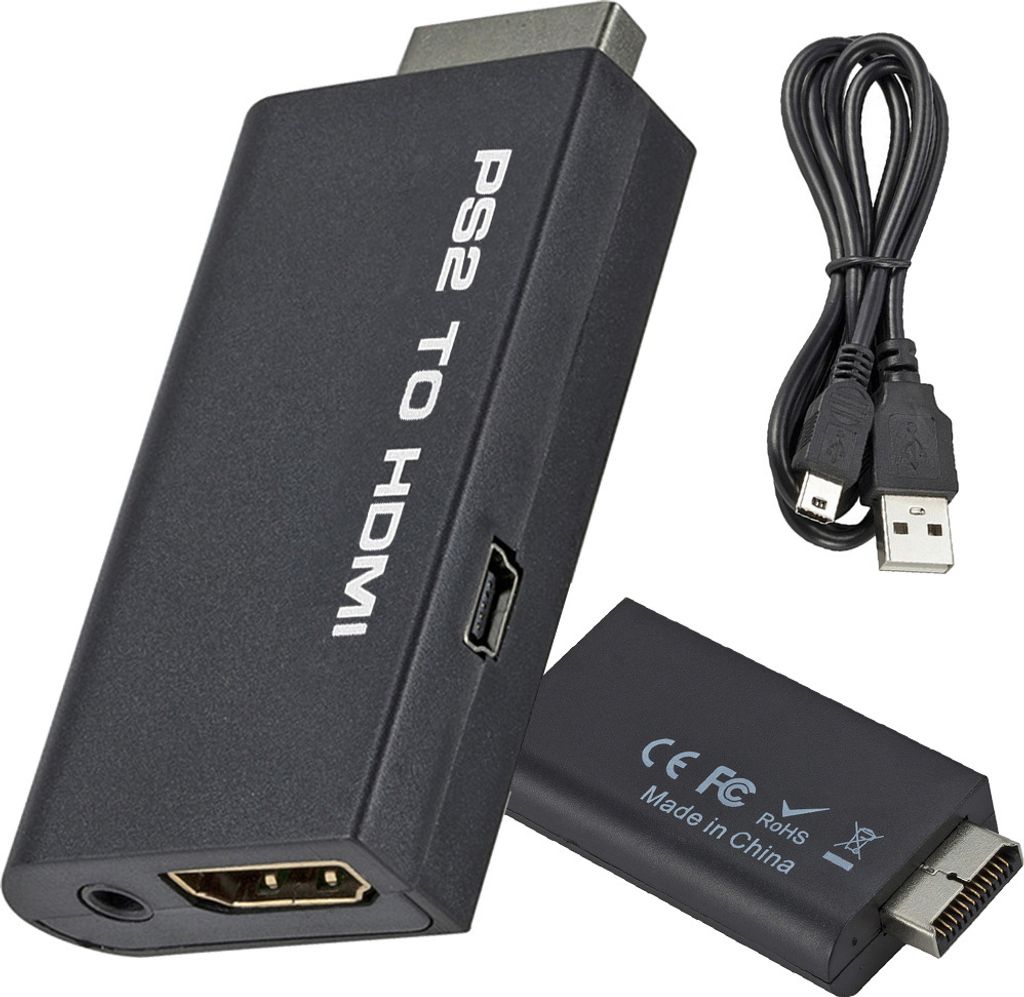 A black PS2 to HDMI adapter with a USB cable and a second adapter in the background.