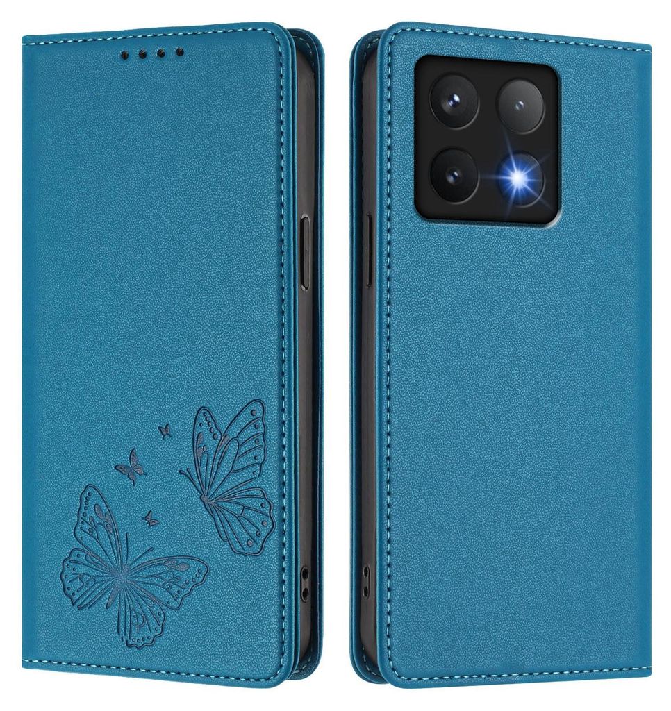 Lederhülle für Xiaomi 14T Pro, Schmetterling Prägung Leder Brieftasche Schutzhülle mit Ständer Blau