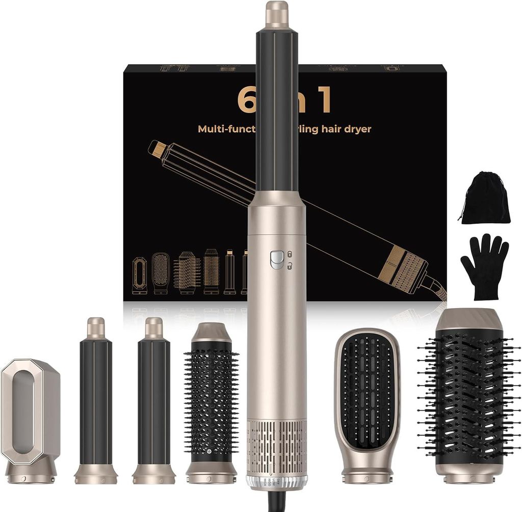 6 in 1 Hairstyler 1000W Rundbürstenföhn Haartrockner, Airstyler Lockenstab mit Luft, Föhnbürste, 3 Temperaturstufen, Volumen, Glätten, Locken