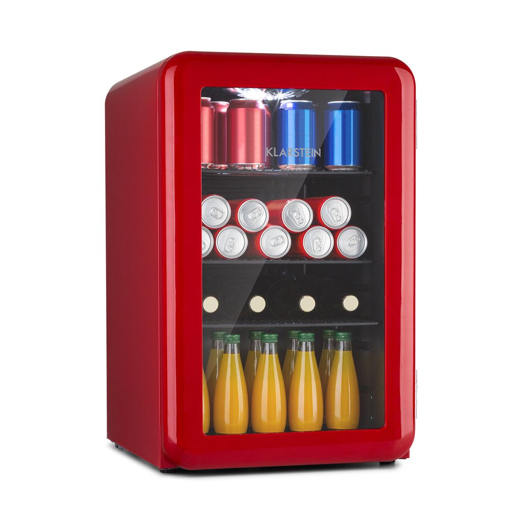 A red mini-bar refrigerator filled with drinks.