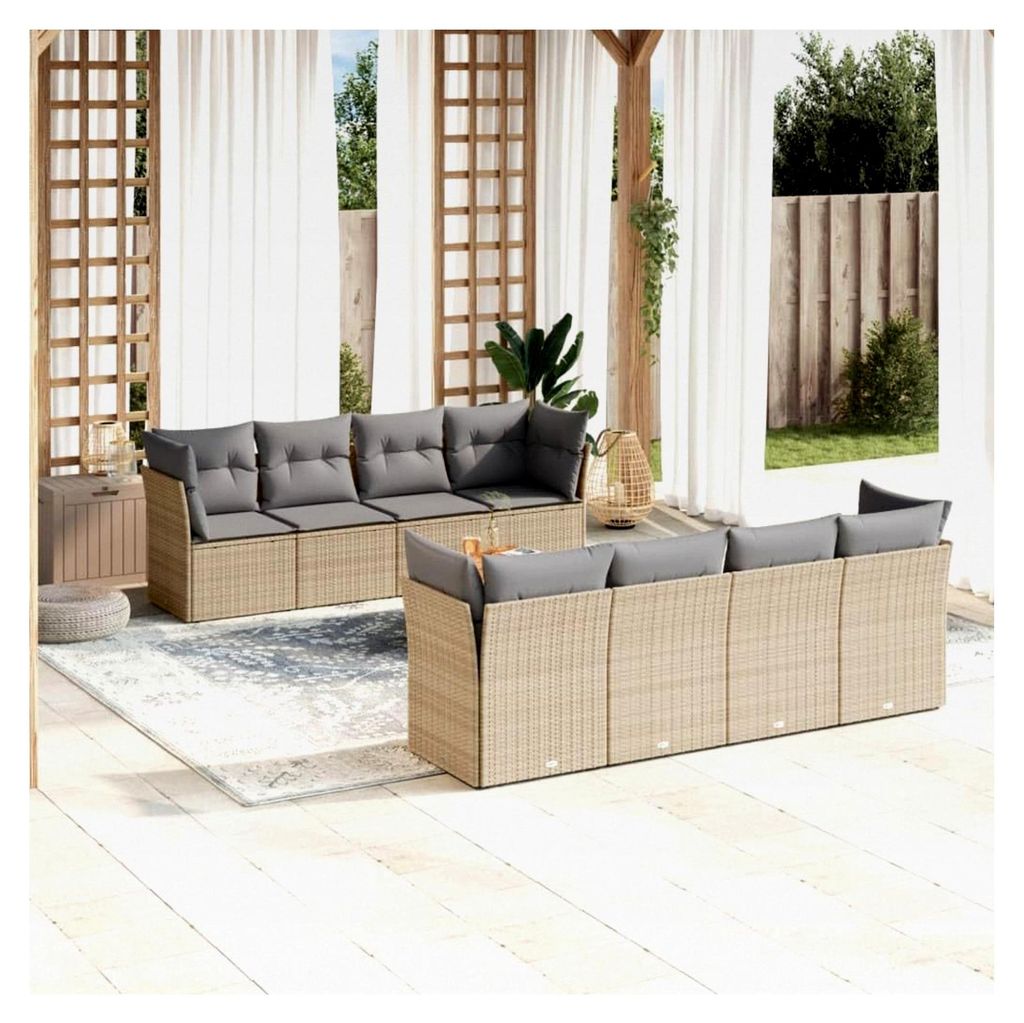 9-teiliges Gartensofa-Set mit Kissen in Beige aus Polyrattan-Mischung