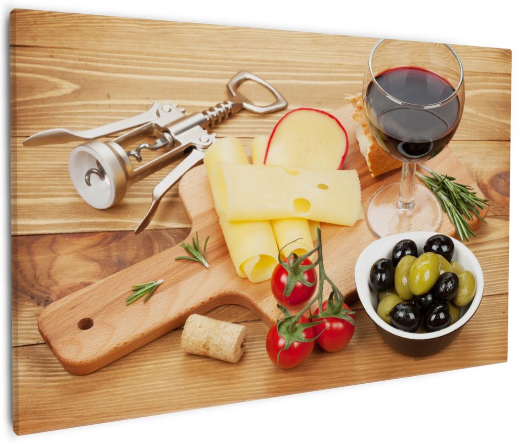 Wallario Premium Leinwandbild Genuss am Abend - Rotwein, Käseplatte, Oliven und Tomaten in Größe 60 x 90 cm