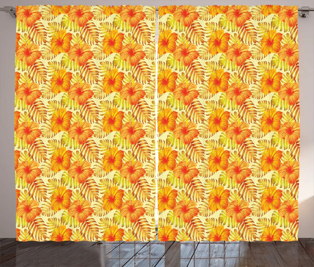 Rideau Motif Hibiscus Orange et Jaune en Tissu Rustique de Haute Qualité