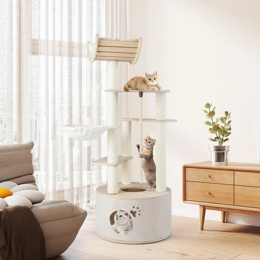 Arbre à Chat Stable en Bois, Solution Anti-Griffures avec Grande Niche