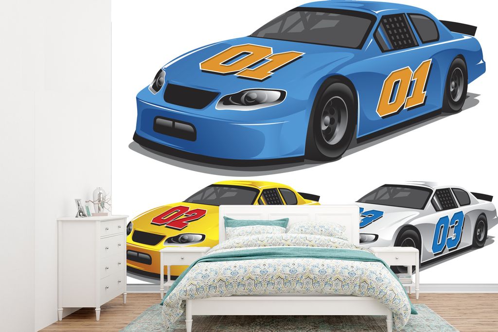 MuchoWow Fototapete für Wohnzimmer oder Schlafzimmer Wandtapete Vinyl Motivtapete Illustration mit drei Rennwagen in verschiedenen Farben - 360x...