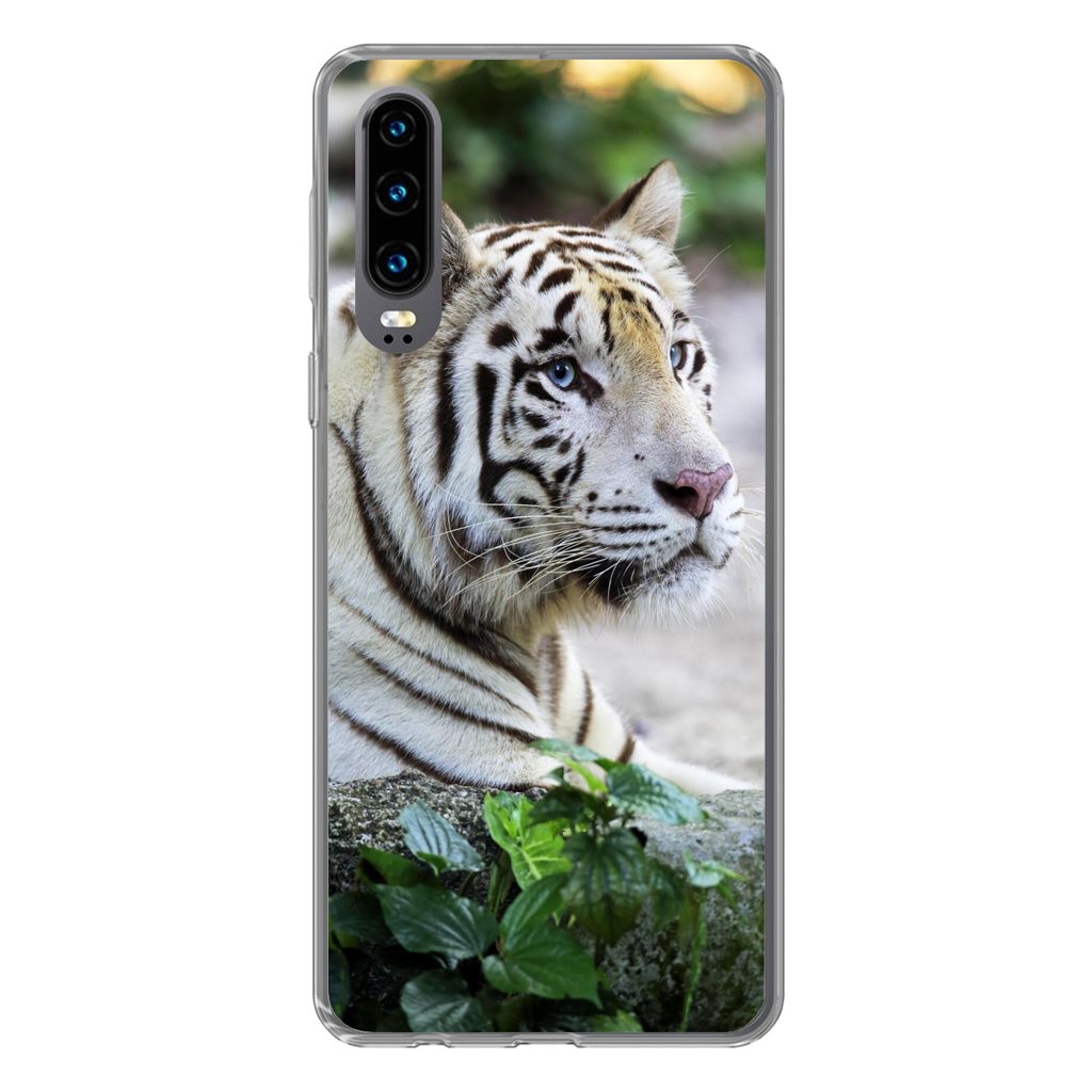 MuchoWow Handyhülle Schutzhülle Hülle für Huawei P30 Tiger - Weiß - Sand Silikon Softcase Handy Hülle - Kartenbesitzer