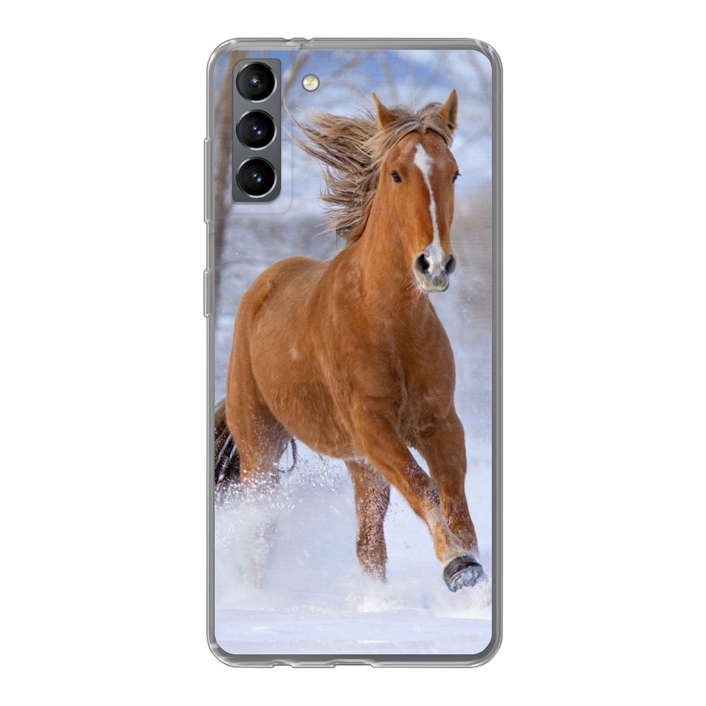 MuchoWow Handyhülle Schutzhülle Hülle für Samsung Galaxy S21 Plus Pferd - Schnee - Braun Silikon Softcase Handy Hülle - Handy-Tasche