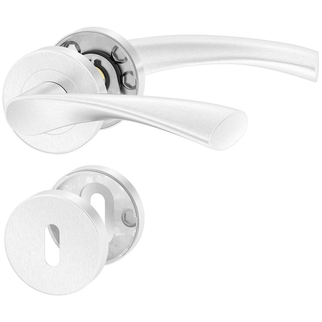 A set of door handles and a keyhole escutcheon plate, presented on a white background.