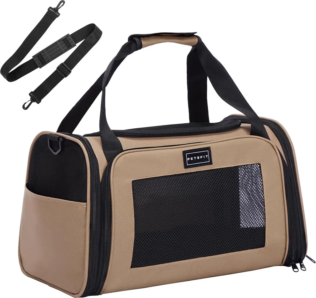 Sac de transport pour chat idéal voyage en polaire douce kaki 44x26 cm