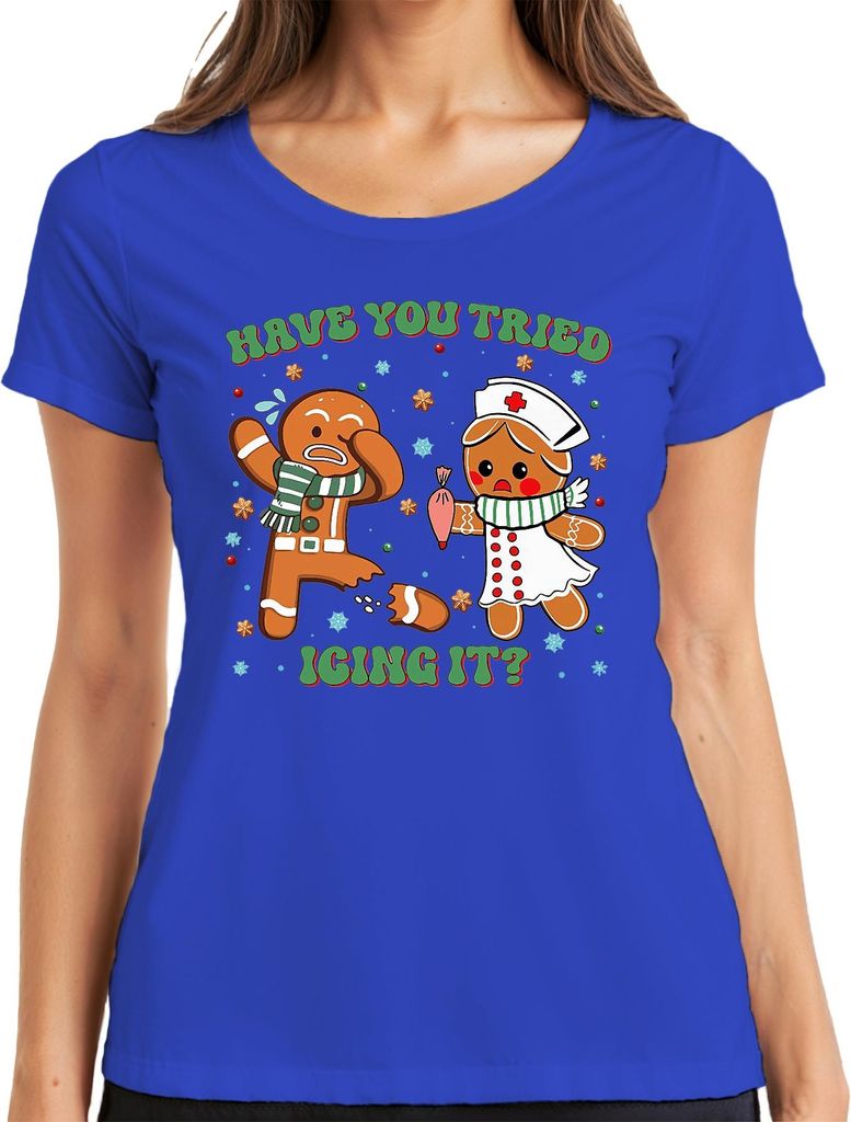 Christmas Gingerbread Nurse Cookie Have You Tried Icing It Damen T-Shirt, Blau, L
