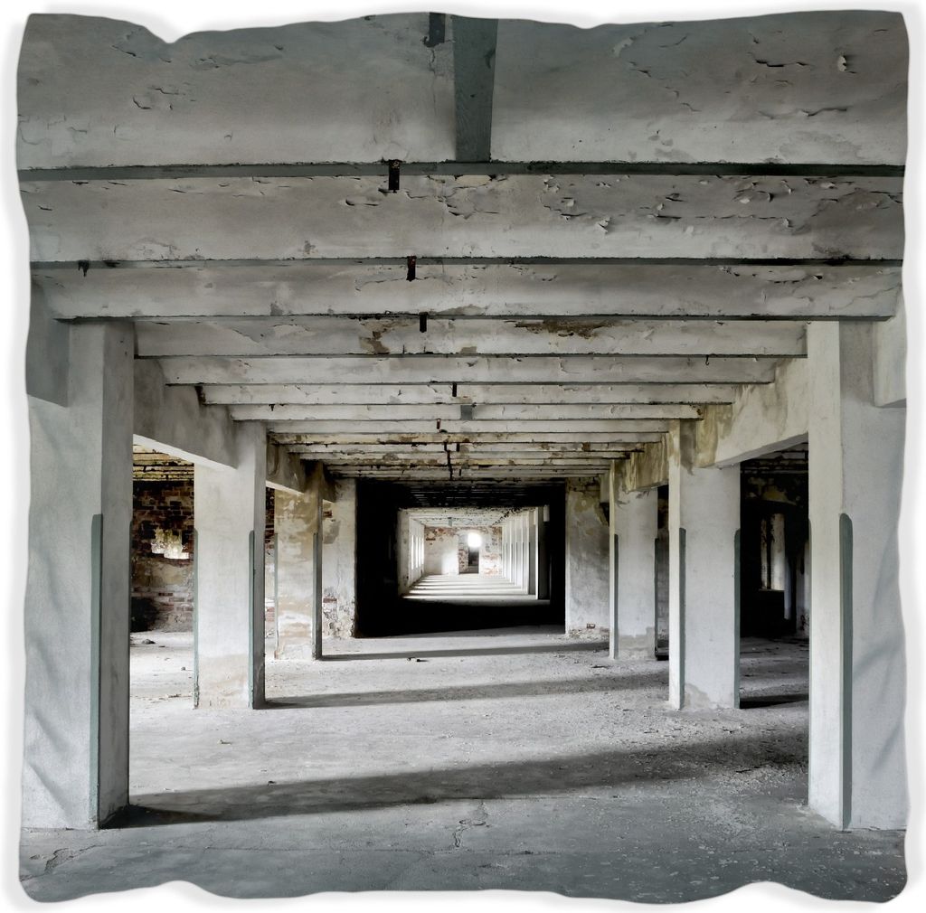 Wallario Premium Kissen, weiche Oberfläche, mit Motiv Alte Industriehalle - einsame Lagerhalle einer Brauerei, Größe: 60 x 60 cm, mit weißer R...