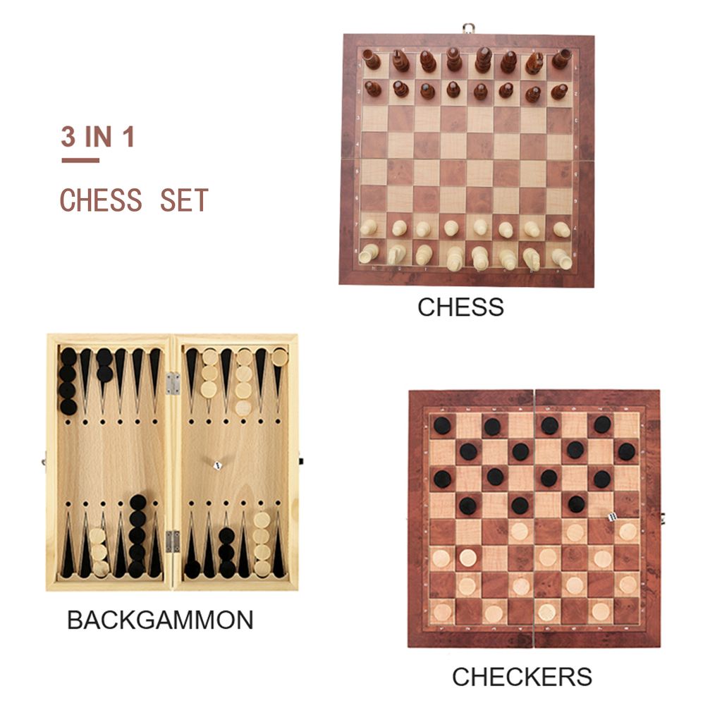 Hölzernes Schachspiel und Dame 3-in-1-Schach und Backgammon-Faltschach 