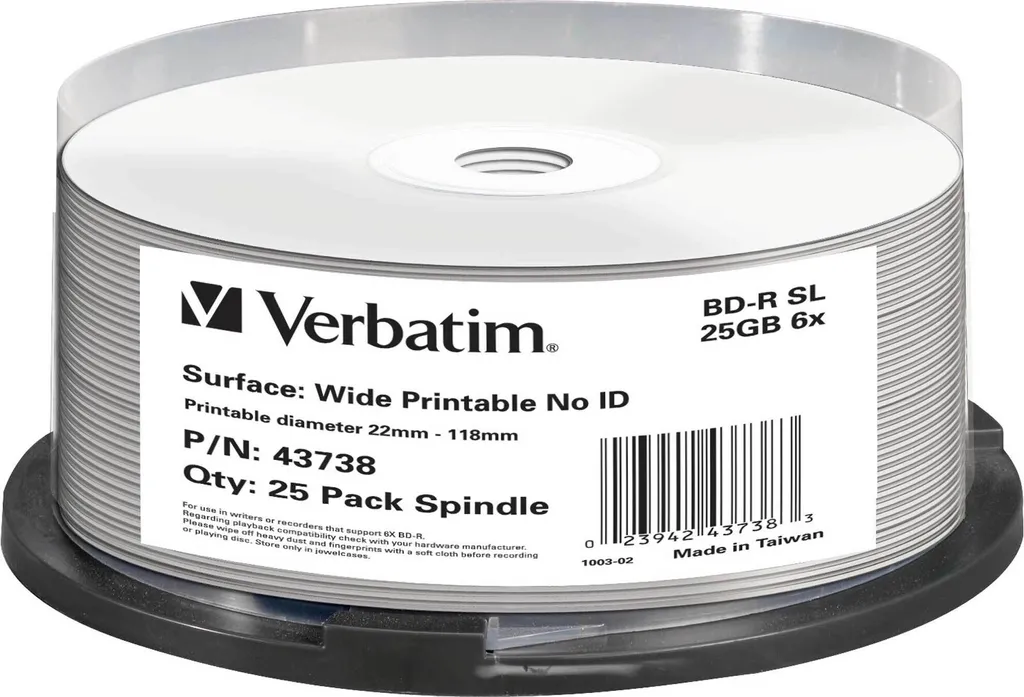Verbatim BD-R 25GB 6x Disque Blu-Ray Vierge Wide Printable x25