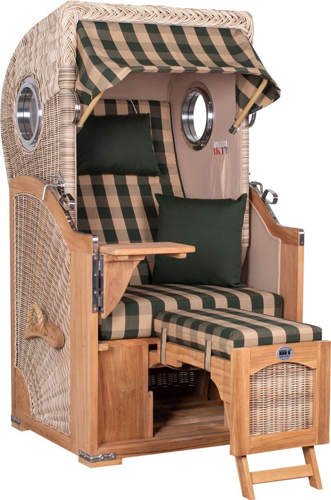 Strandkorb 1 Sitzer Teak PE Shell Volllieger mit Bullauge – Düne Single