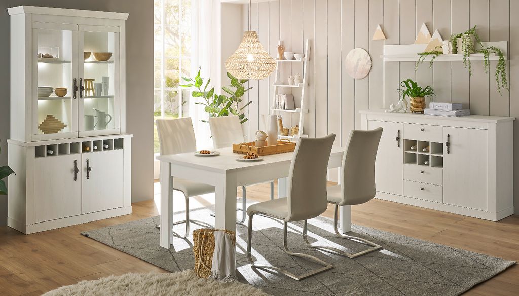 Esszimmer Set 4-teilig "Fiastra" weiß Pinie Landhaus, Soft-Close und LED