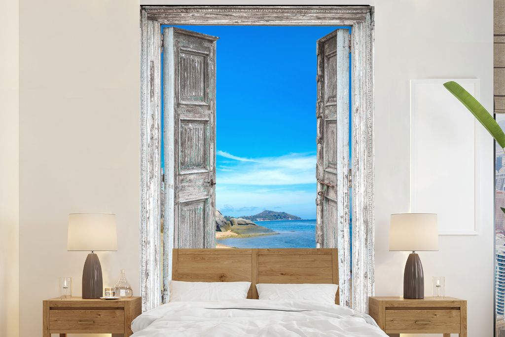 MuchoWow Fototapete für Wohnzimmer oder Schlafzimmer Wandtapete Vinyl Motivtapete Strand - Tropisch - Sommer - Blick - Meer - 155x240 cm - Tapete