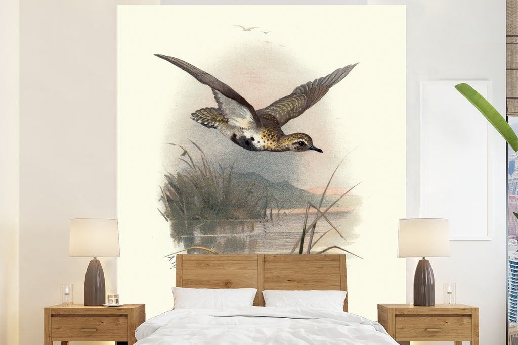 MuchoWow Fototapete für Wohnzimmer oder Schlafzimmer Wandtapete Vinyl Motivtapete Antiker Vogeldruck Goldregenpfeifer - 210x260 cm - Wand Tapete