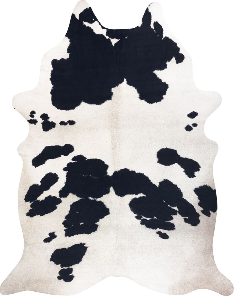 A cowhide rug with black and white markings.