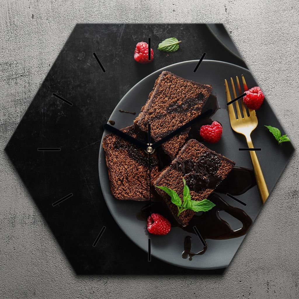 Uhr hexagonal 40 cm Glas Geräuschlos schwarze Zeiger - Schokolade Kuchen und Himbeere