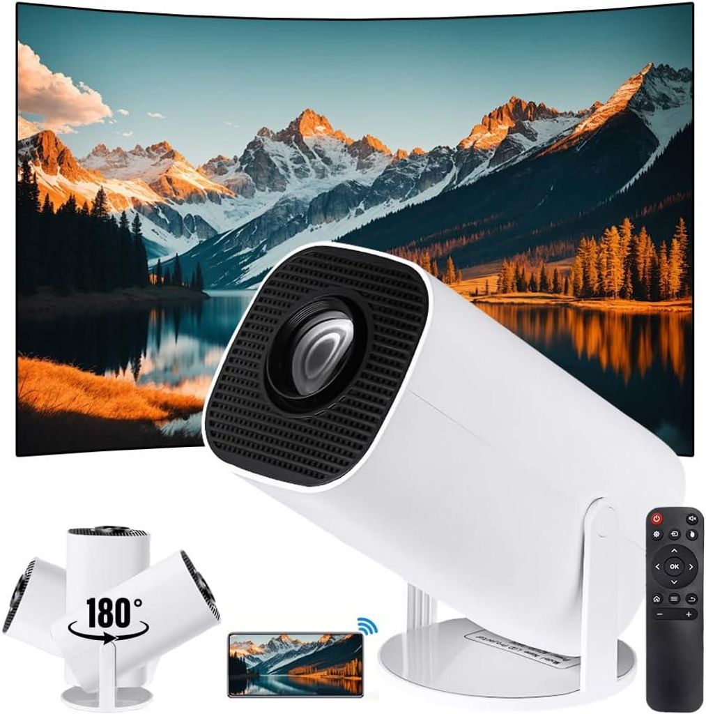 A projector displaying a scenic mountain landscape, with the projector and accessories shown in the foreground.
