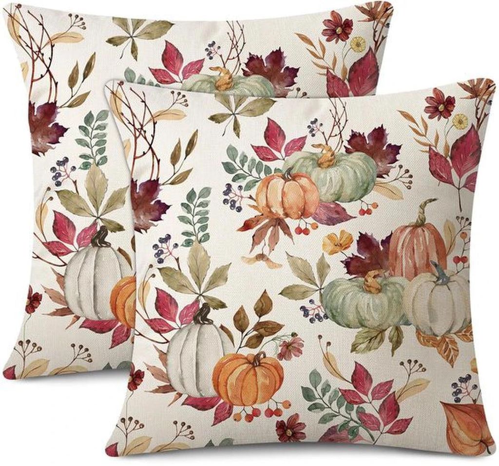 Unyqoos Set mit 2 dekorativen Herbstkissenbezügen mit Kürbis- und Ahornblatt-Motiv, 45 x 45 cm