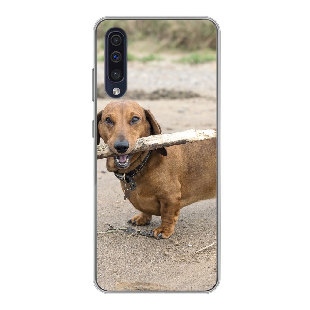 MuchoWow Handyhülle Schutzhülle Hülle für Samsung Galaxy A30s Ein schöner Dackel mit einem Stock im Maul Silikon Softcase Handy Hülle - Kar...