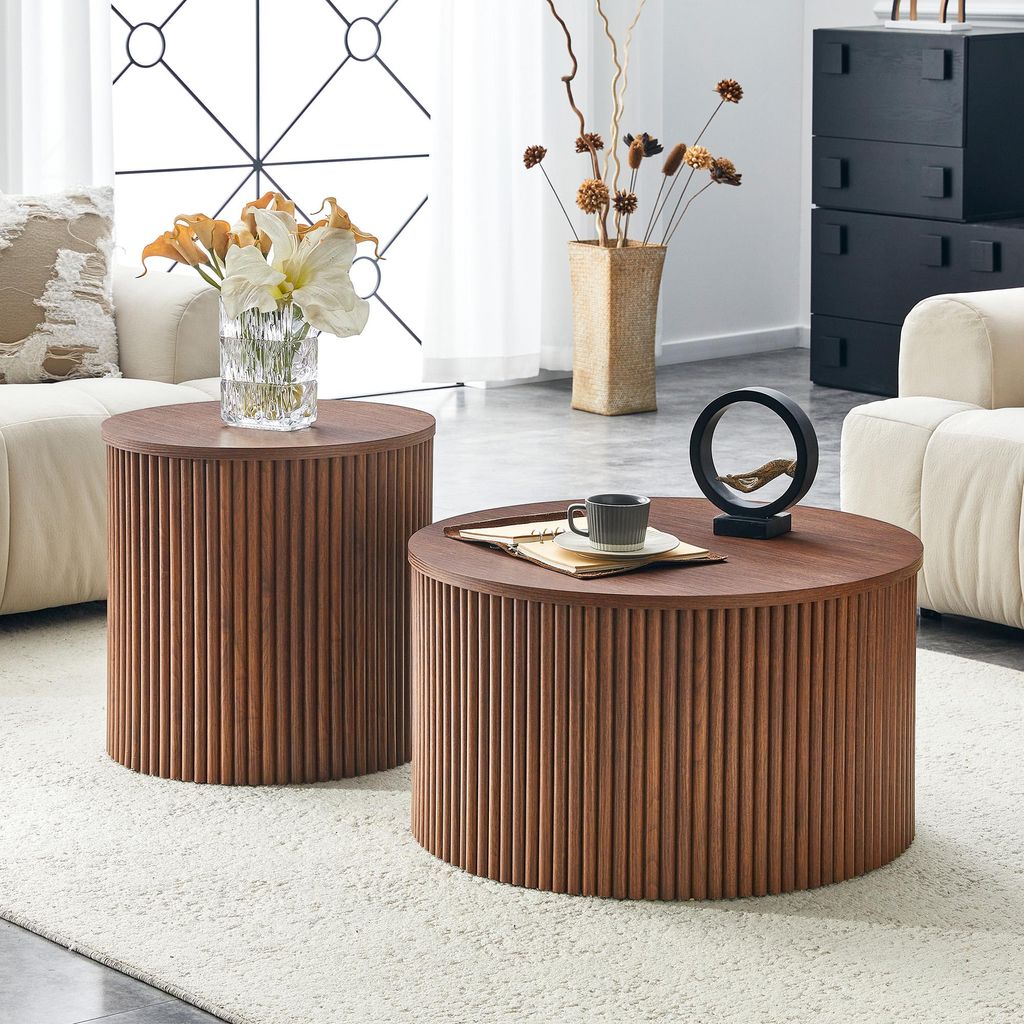 Couchtisch 2er Set rund ineinanderstellbar exklusive Satztische in römischer Säulenoptik Walnuss-Wohnzimmertisch aus MDF mit verstecktem Stauraum