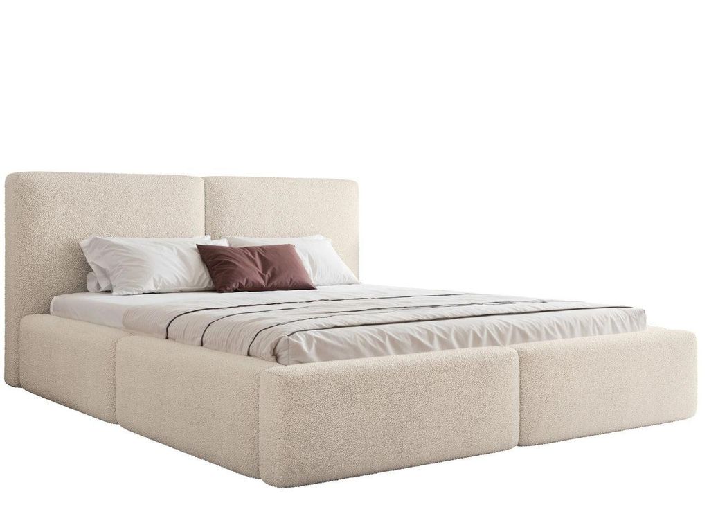 KLICKMOEBEL Polsterbett 180x200 cm HEKORA 18 mit Bettkasten, Bouclé Creme - Holzrahmen mit Lattenrost