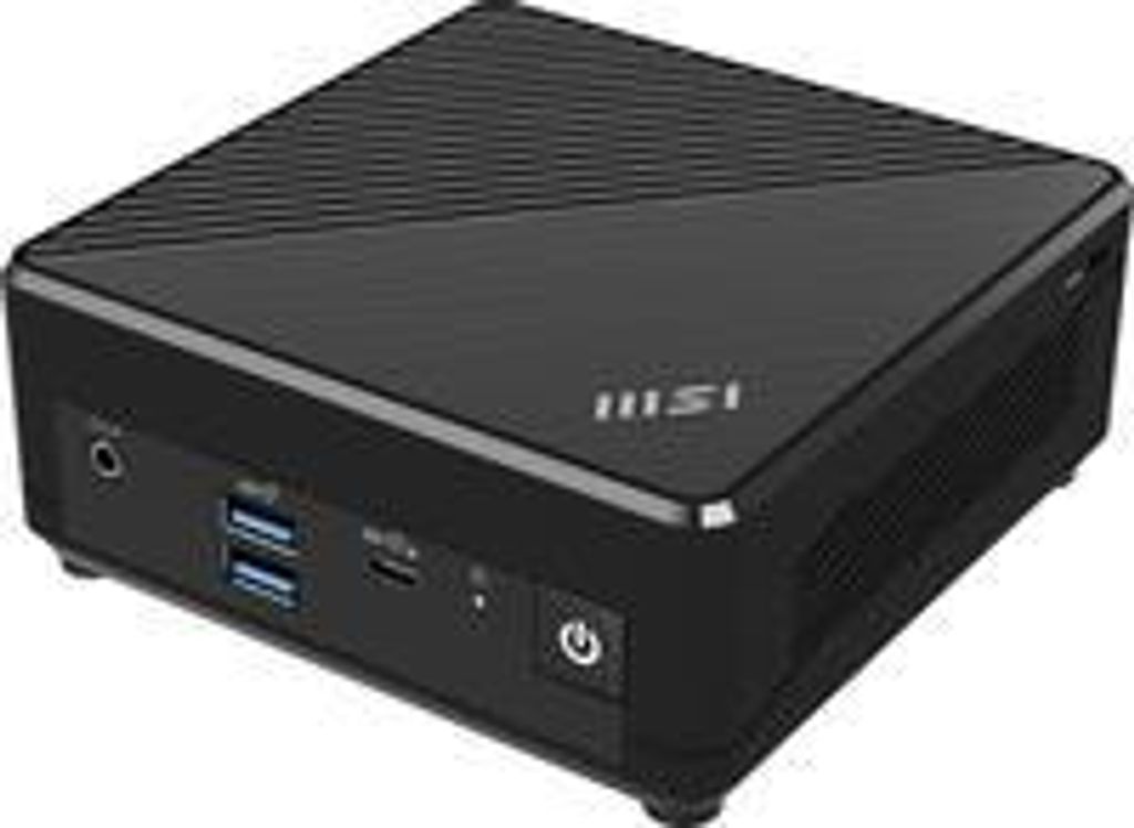 A black mini PC is shown from a three-quarter front angle.
