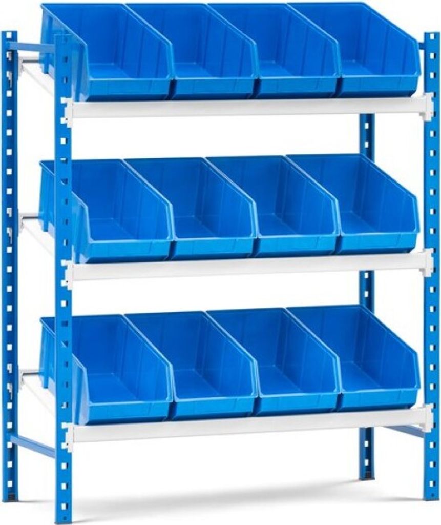 Schrägbodenregal MAXIMUS mit 12x Sichtlagerboxen à 15,3L | Fachlast 130kg | Grundregal | HxBxT 120x100x40cm | 3 Ebenen | Lichtblau/Lichtgrau