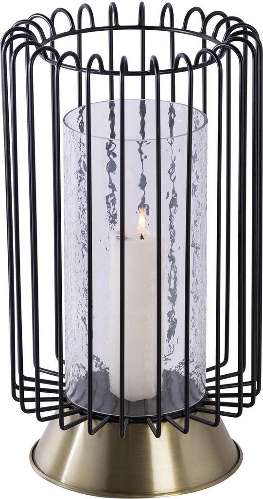 Qiyano Windlicht Kerzenständer aus Metall und Glas in Schwarz Gold, ca. 40 cm hoch