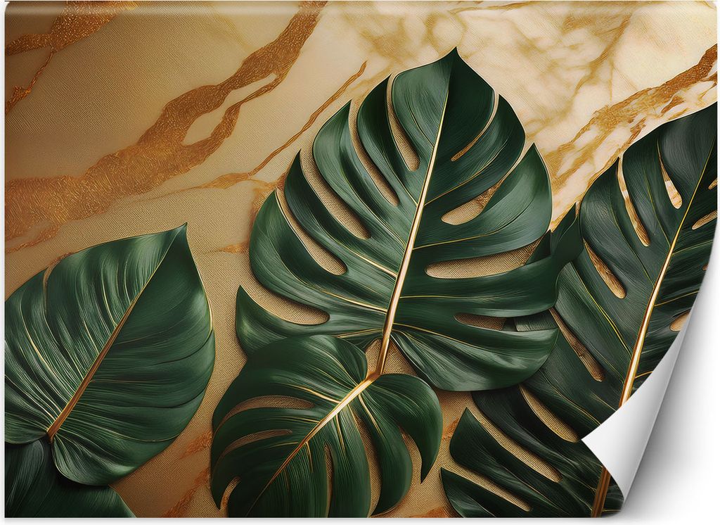 Vlies fototapete Grüne Blätter auf einem Marmor-Hintergrund 200x140 cm Feeby Beige inkl. Kleber einfache Montage