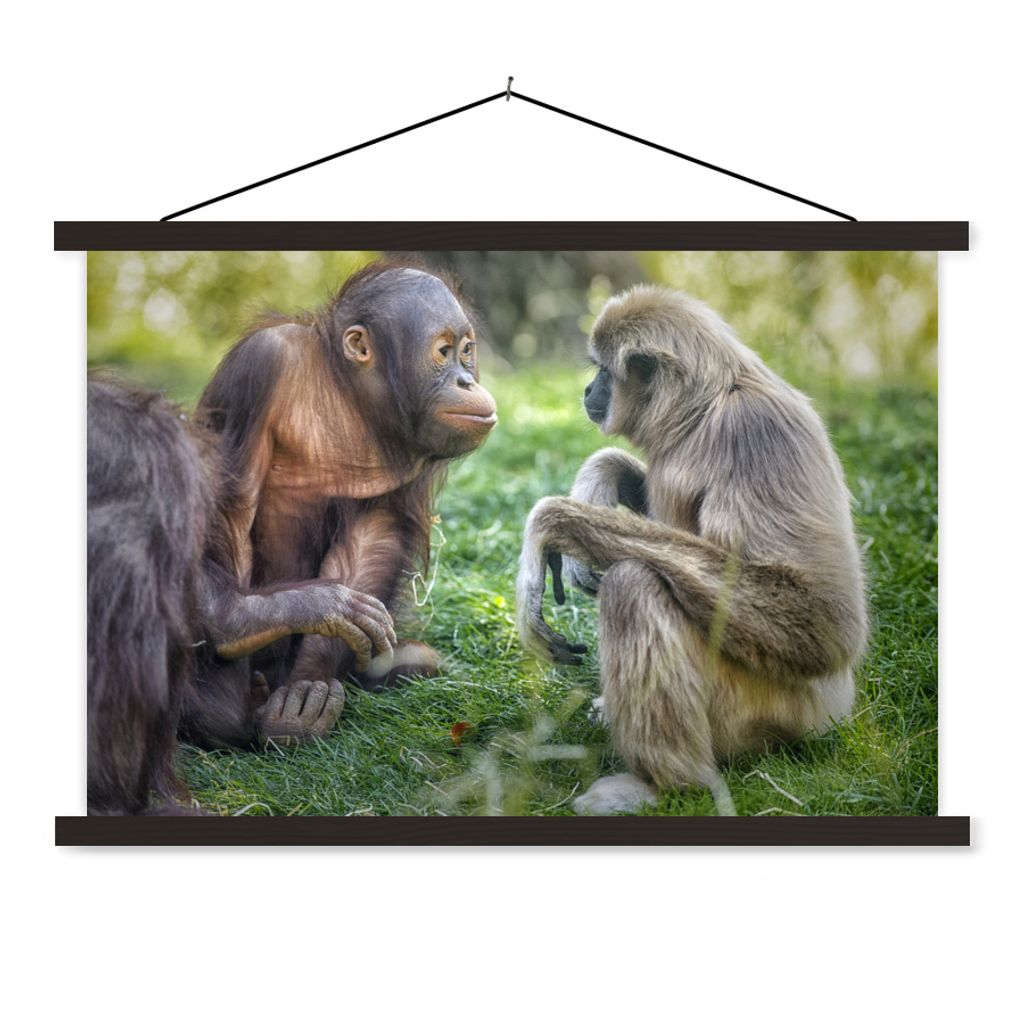 MuchoWow Textilposter Affen - Tiere - Familie 60x40 cm mit schwarzem Rahmen - Hölzernes
