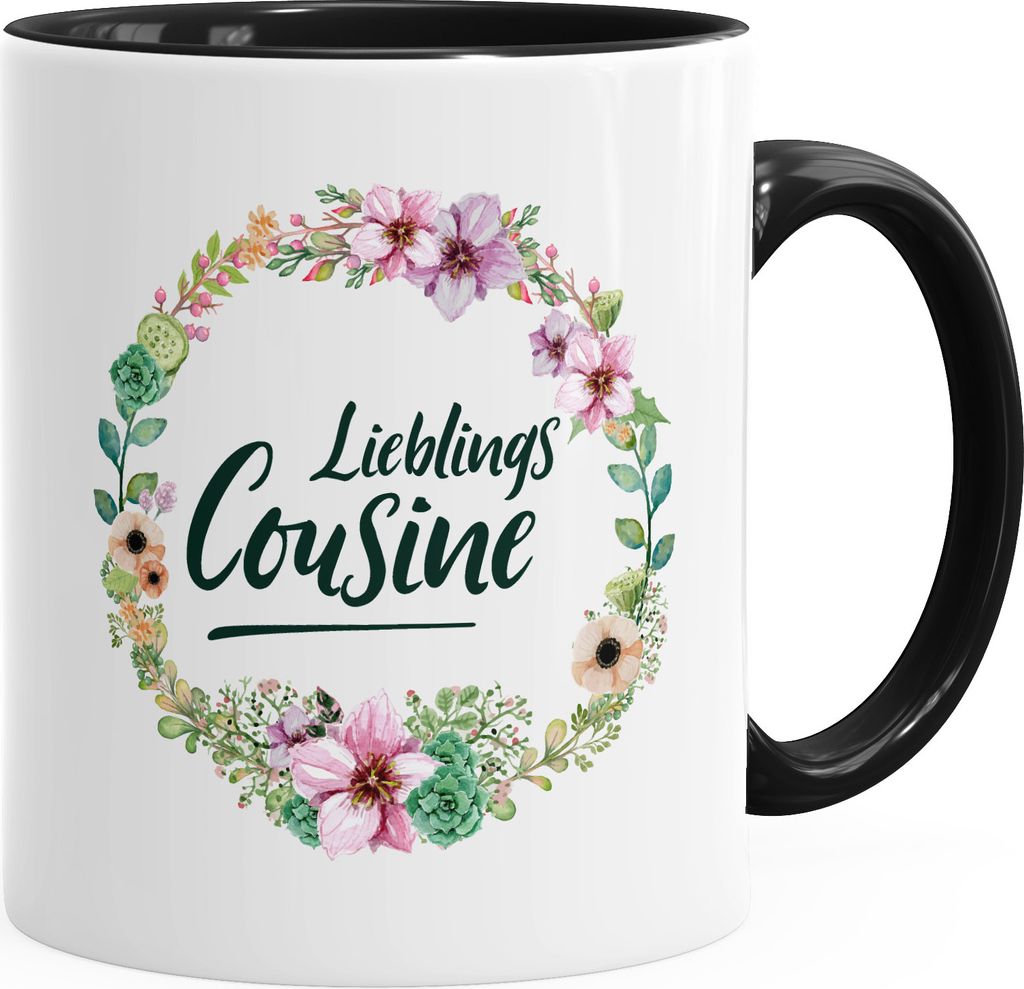 Kaffee-Tasse Geschenktasse Geschenk für Cousine Lieblingscousine Blumen Bordüre Blumenranke Blüten Familie MoonWorks schwarz unisize
