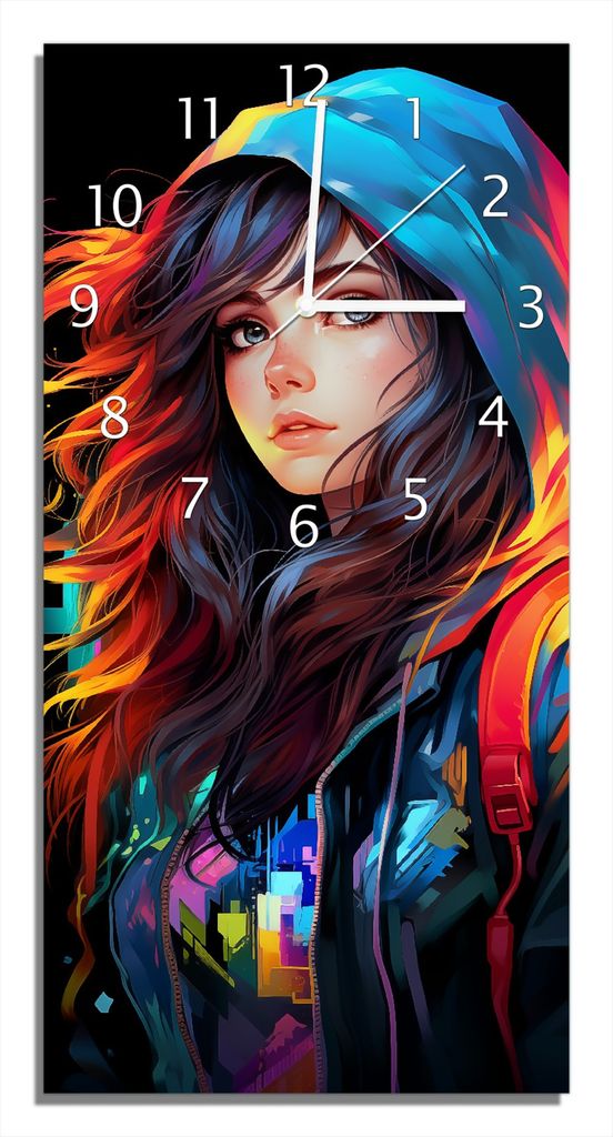 Wallario Design Wanduhr bedruckt, Größe 30 x 60 cm, Motiv: Cyberpunk-Mädchen