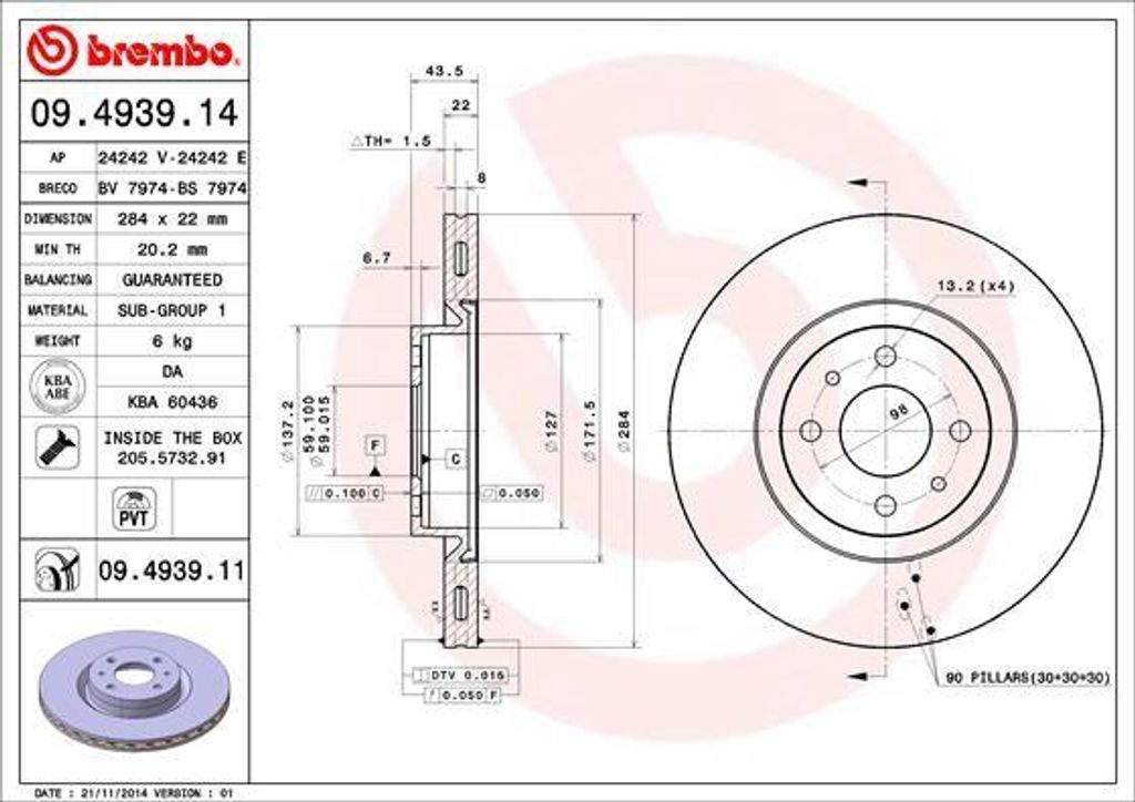 BREMBO 09.4939.11 Bremsscheibe OE 46445892 kompatibel mit Bipper, Musa, Lybra, Delta, Stilo, Qubo, Marea, Linea, Idea, Fiorino, Doblo, Bravo, Nemo,...