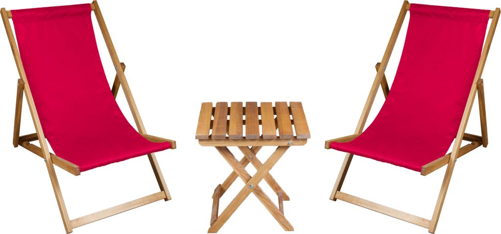 2 x Liegestuhl + Beistelltisch Strandliege Holz Sonnenliege Gartenliege Gartentisch Geölt Rot