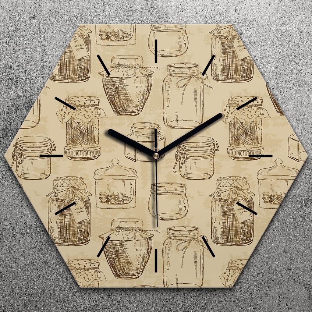 Uhr hexagonal 40 cm Glas Geräuschlos schwarze Zeiger - Skizze Einmachgläser