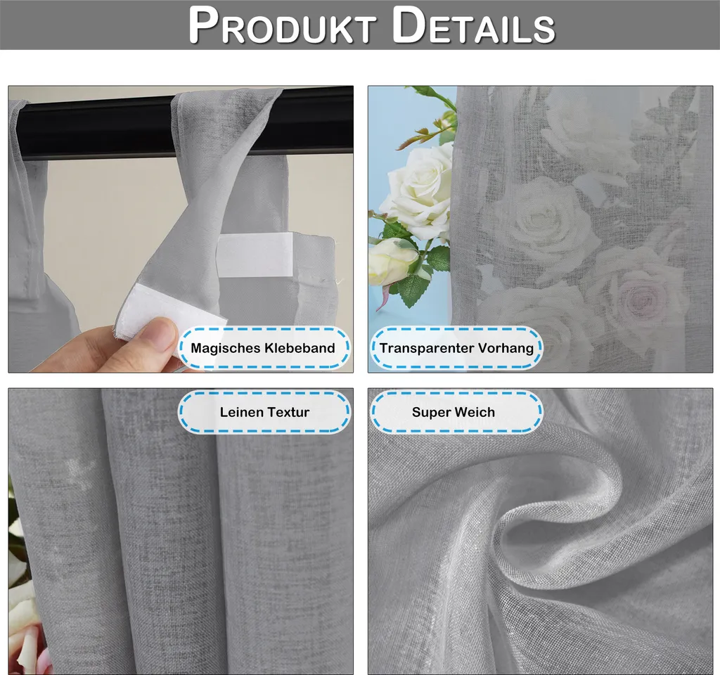 Rideau extérieur imperméable gris avec attaches velcro sans perçage