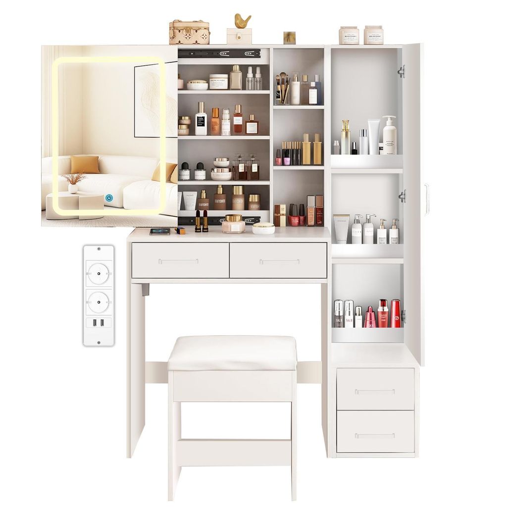 A white vanity table with a mirror and storage, along with a stool.