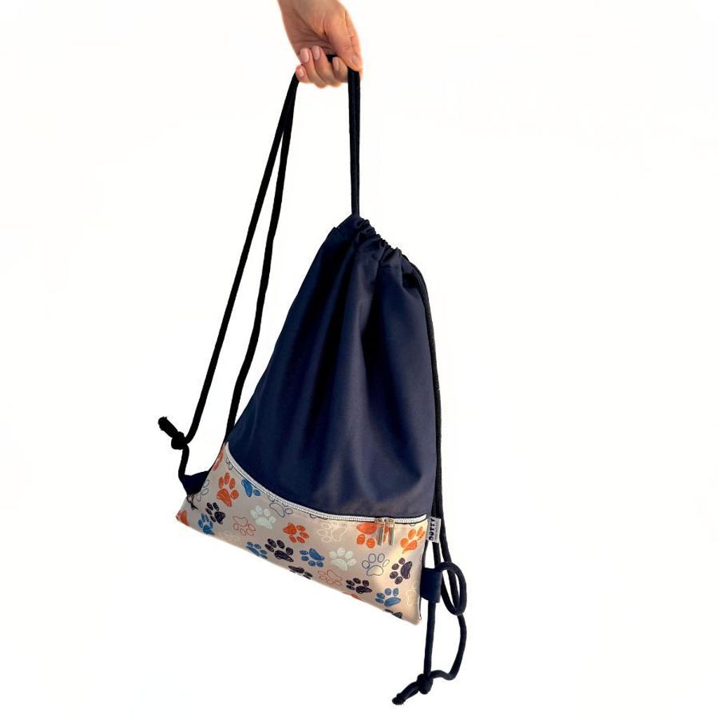Beutelrucksack wasserdichte Gymbag, Sportbeutel, Turnbeutel - DOTTY – Marineblau mit gemusterter Tasche im Tierdesign - Pfotenmuster