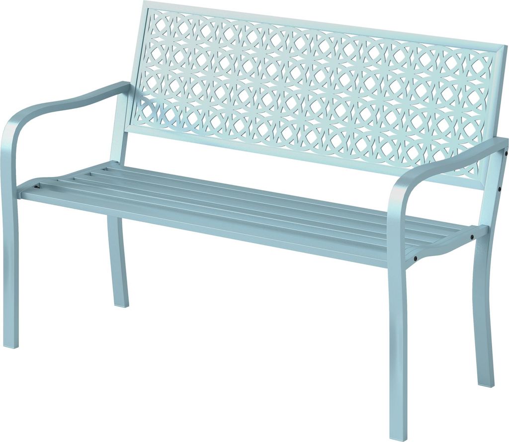 Außenbank, Gartenbank aus Stahl, Ausgeschnittene Rückenlehne, Armlehnen, für 2 Personen, Blau