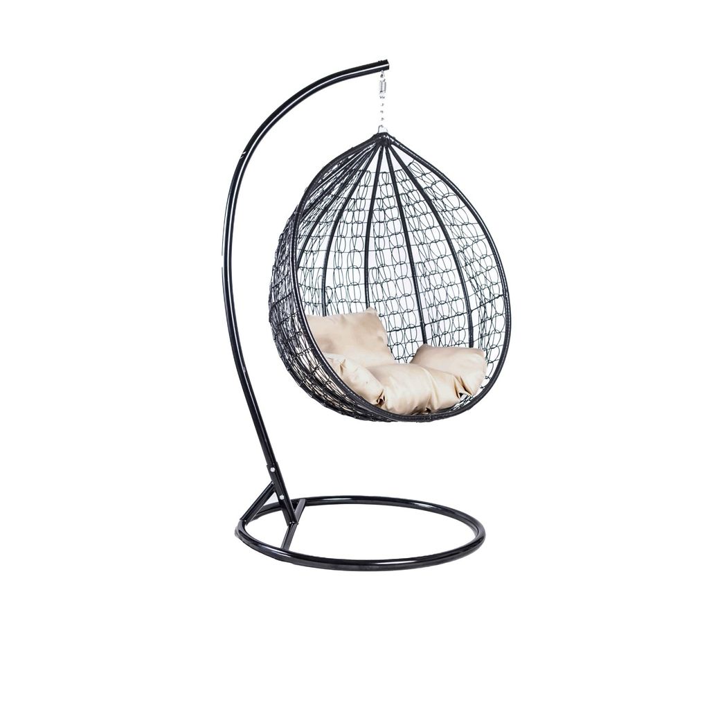Bettso Polyrattan Hängesessel Relaxsessel Hängekorb mit Gestell Rattan Hängestuhl Sessel für Garten COBE Schwarz + Kissen Beige