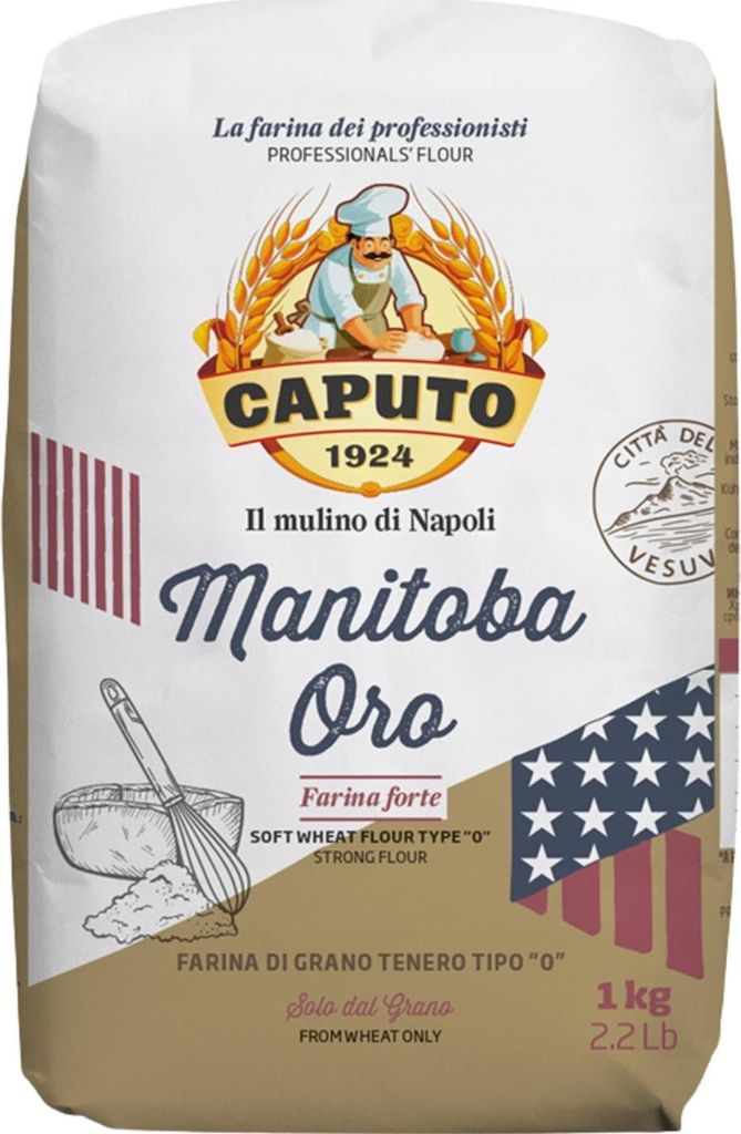 A bag of Caputo Manitoba Oro flour with branding and illustrations.
