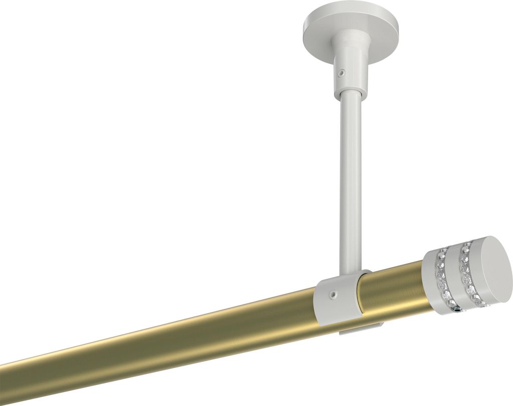 Interdeco Gardinenstange / Vorhangstange Messing-Optik / Weiß, Typ Sonette Estana (Glitzerkappe) ohne Ringe, Deckenmontage, 20 mm Ø 1-läufig, 54...
