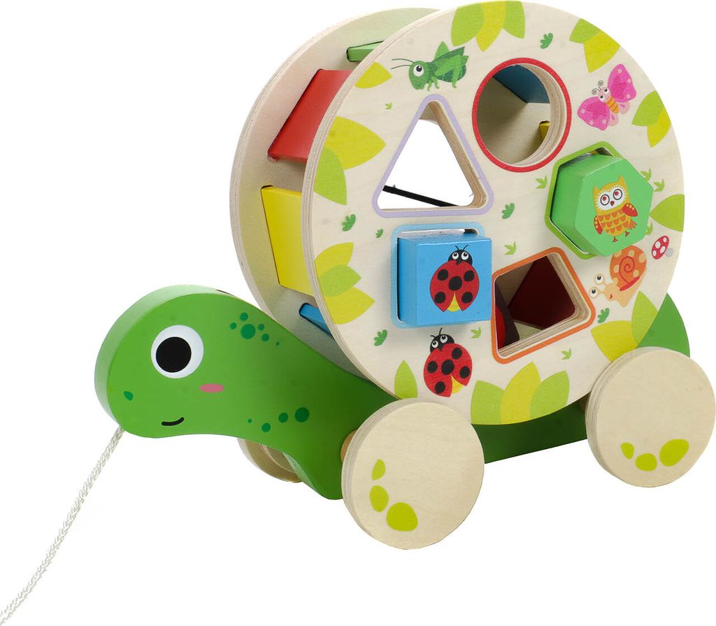 7-teilige Schildkröte zum Ziehen für Babys und Kleinkinder aus Holz mit abnehmbarer sich drehender Trommel, Steckspiel mit 5 bunten Holzklötzen ...