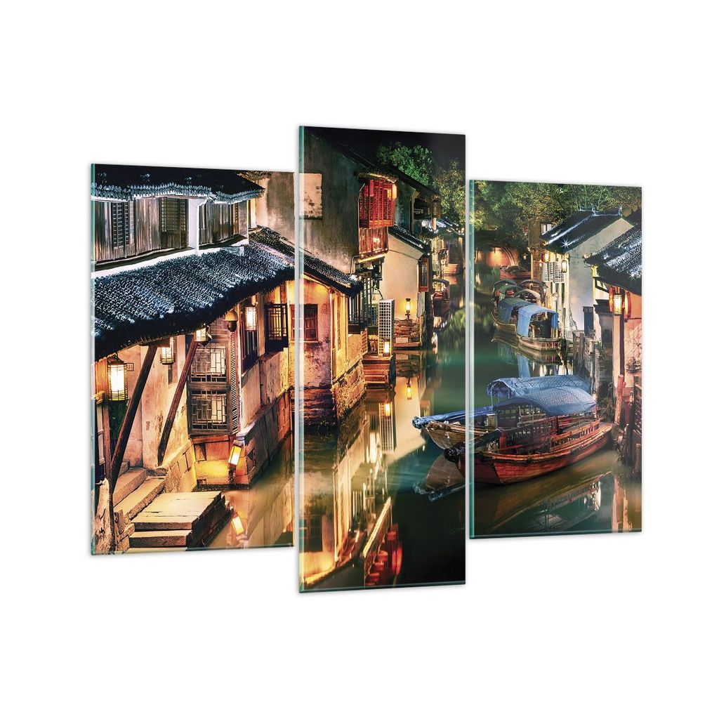 Bilder auf glas - 3 Teile - Chinesisch Stadt Nacht - 130x100cm - Glasbilder - Wandbilder - Bilder - zum Aufhängen bereit - Wanddekoration aus Glas...