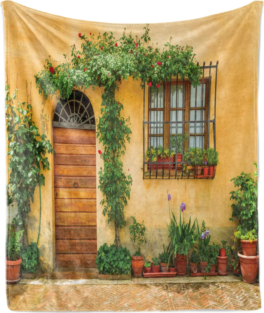 ABAKUHAUS Coperta da giardino in morbido pile di flanella, piante e porta di casa, morbido peluche per interni ed esterni, 125 x 175 cm, arancione pallido e verde felce