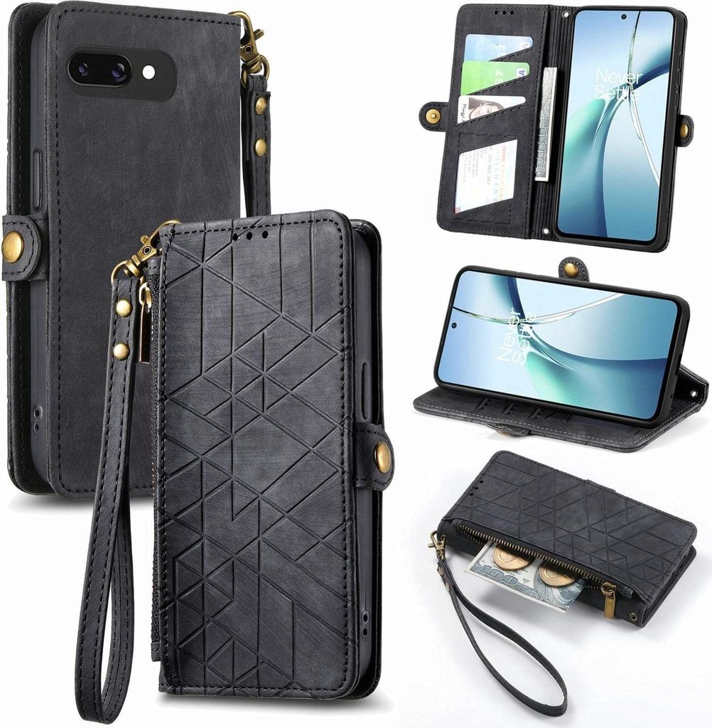 Für Google Pixel 9a Geometric Design Kunstleder Zipper Book Wallet Tasche mit Schlaufe Schwarz