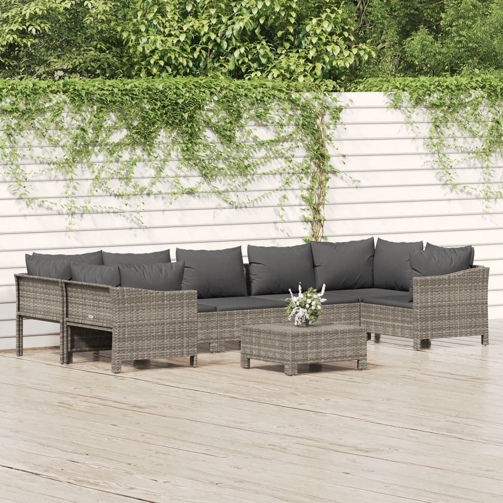 The Living Store 8-tlg. Garten-Lounge-Set mit Kissen Grau Poly Rattan